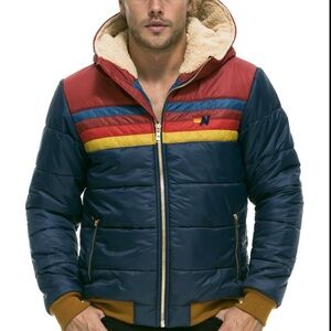 AVIATOR NATION 5 STRIPE DOWN
PUFFER COAT WITH SHERPA LINED HOOD SZ M